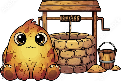 whimsical rock creature guards the well of untold ancient stories