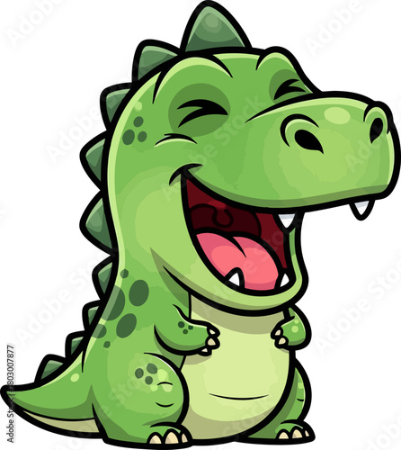 little green dinosaur roars with unstoppable, contagious, heartfelt joyful laughter