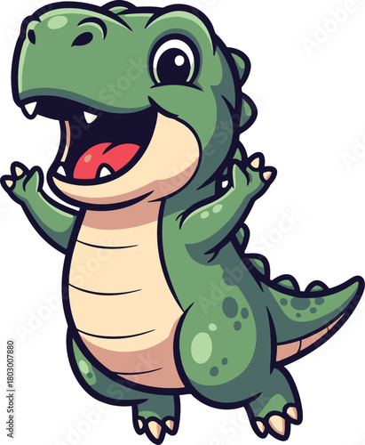 playful dinosaur character expresses pure ecstatic joy, arms up in delight