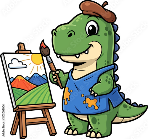 adorable prehistoric painter brings scenic world to life on tiny easel