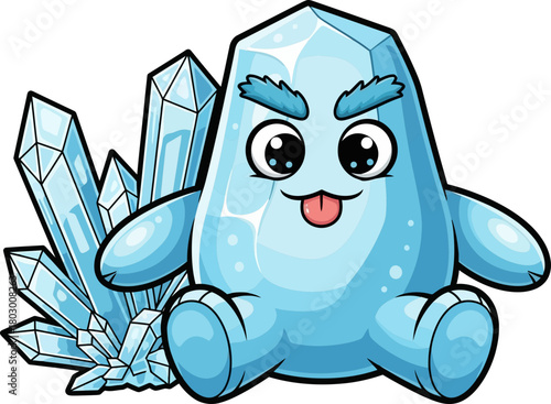 frosty sprite character grins playfully, surrounded by shimmering ice crystals