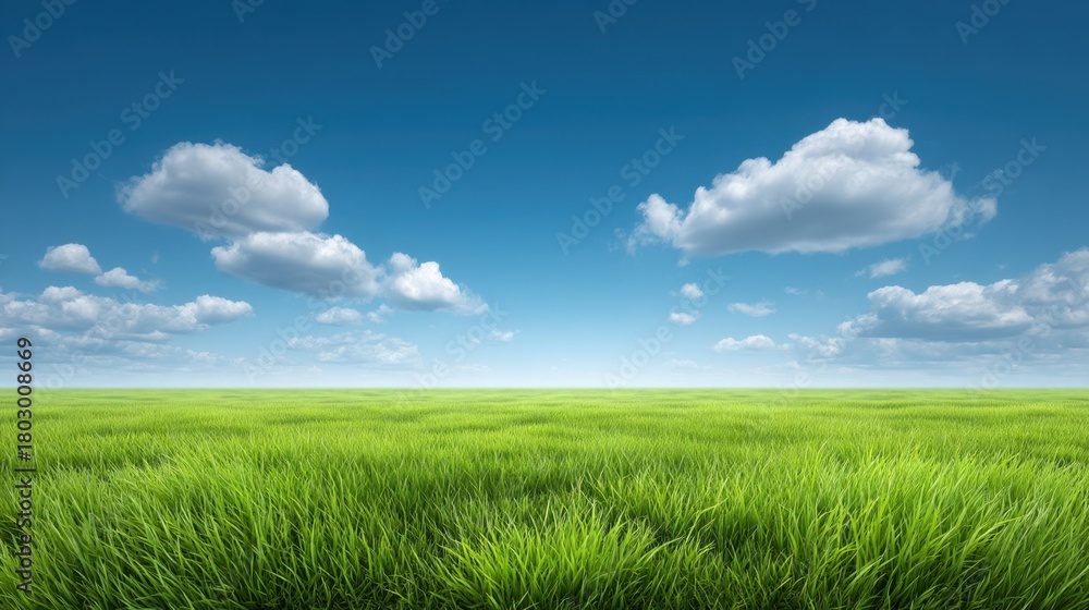 Obraz premium Expansive Green Grass Field Under a Bright Blue Sky with Fluffy White Clouds Perfect for Nature and Landscape Photography