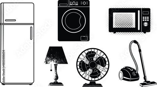 Collection of household appliance silhouettes featuring refrigerator, washing machine, microwave, table lamp, electric fan, and vacuum cleaner, modern home equipment vector illustration