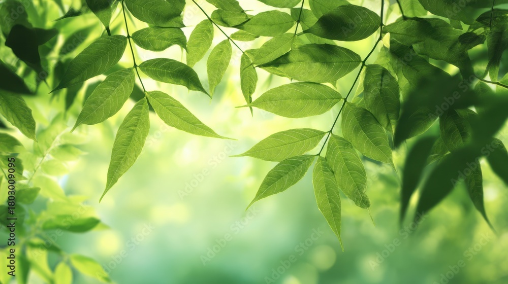 Fototapeta premium Lush Green Leaves Against Soft Background, Perfect for Nature Themes, Botanical Designs, Freshness, Tranquility, and Eco-Friendly Concepts