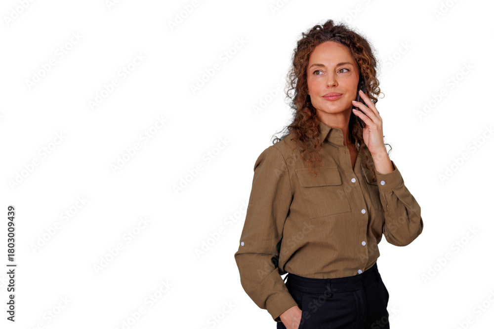 Fototapeta premium Businesswoman talking on phone with curly hair, communicating for work, staying connected on transparent background