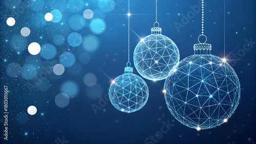 Decorative blue Christmas ornaments hanging on a sparkling background  