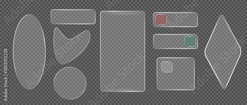 Glass frame collection geometric elements. Button and plates set . white translucent shapes with radiant borders. Various rectangle, morphism designs with glowing edges. transparent overlay