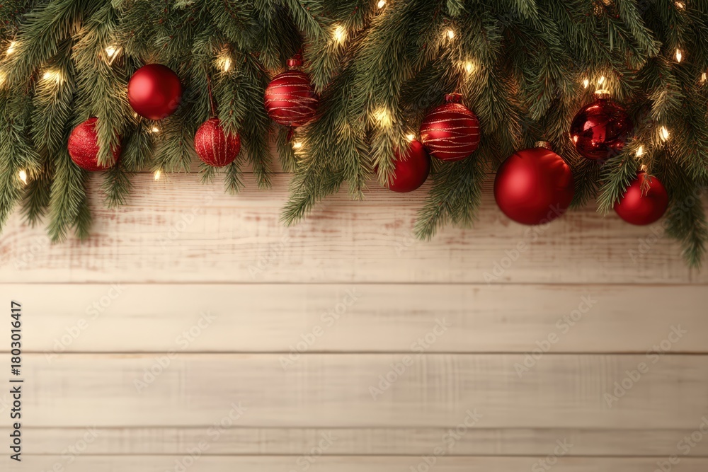 Fototapeta premium Christmas tree branches hanging over white wooden background, decorated with glowing lights and red ornaments, perfect for copy space