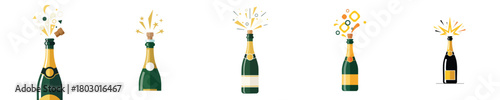 Champagne Bottle Vector Popping Flat Design Celebration Splash for Festive Holiday and New Year Party