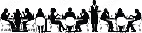 Black silhouette vector of people dining in a restaurant, sitting at tables, drinking wine, and a waiter serving food.