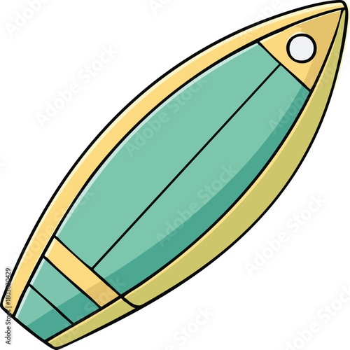 Cartoon surfboard illustration for water sports and beach activities, featuring a sleek design with aqua blue and yellow accents, perfect for summer fun