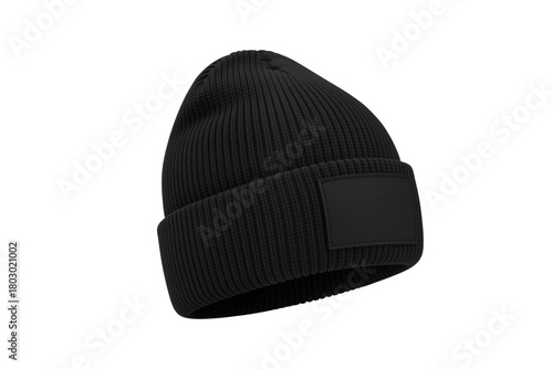 Stylish black knit beanie with a blank patch, perfect for winter fashion, isolated on transparent background, png