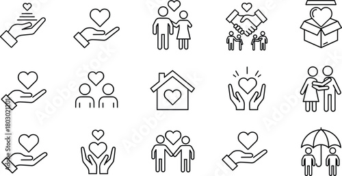 Care and charity line icons set, love and friendship symbols, community support vector, donation hand sign, heart protection collection.