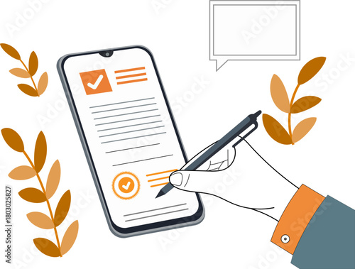 Signing a digital document on a smartphone with a pen, concept illustration