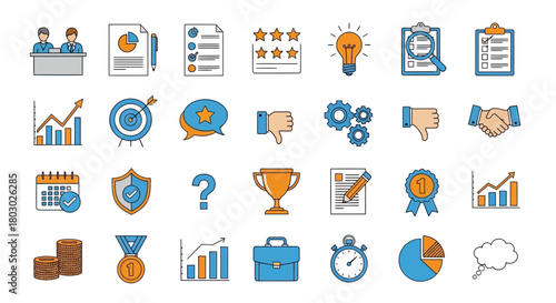 Business and financial elements icons, data analysis and management symbol set for presentation