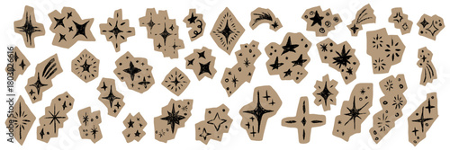 Grunge hand drawn set star and sparkle sticker. Textured doodle celestial elements with rough edges. Cutout paper scrapbook decoration in chalk trendy style. Isolated vector illustration for design