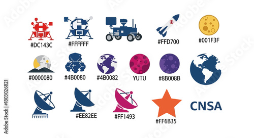 Various space exploration themed icons with color codes, representing lunar missions and technology