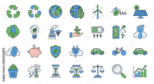 Environmental Sustainability and ESG Concepts Represented by Vector Icons Collection
