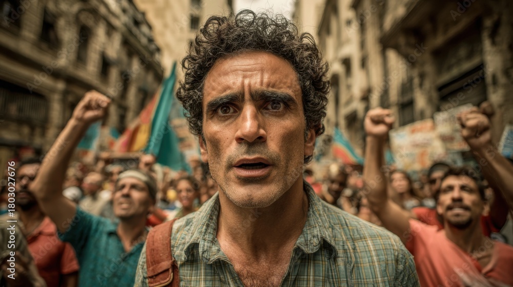 Fototapeta premium Concerned Man in a Crowded Protest with Flags and Signs