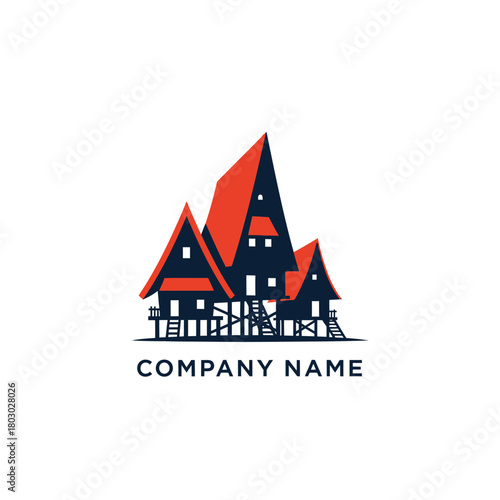 Modern A-frame houses with red roofs and dark blue walls.