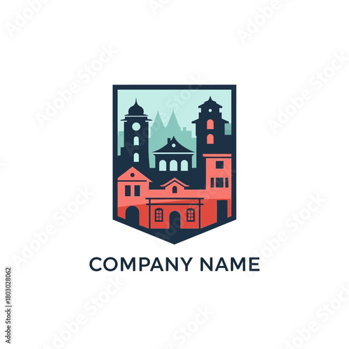 Vintage Cityscape Emblem with Clock Towers and Buildings.