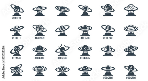 Collection of planet icons in various styles representing cosmic themes and celestial bodies