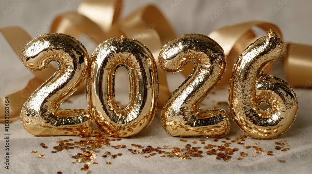 Obraz premium Glittering Gold 2026 Numbers with Confetti and Ribbons