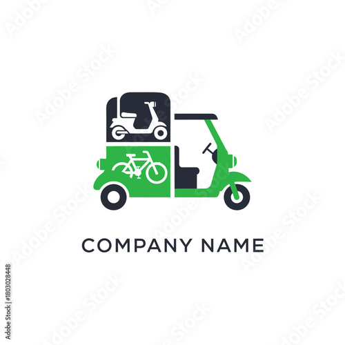Green Auto Rickshaw with Scooter and Bicycle Logo Design.