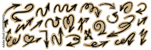 Grunge brush stroke scrapbook arrows set in cutout collage style. Hand drawn black crayon, chalk texture on beige paper background. Vintage craft zine diy aesthetic. Vector illustration isolated