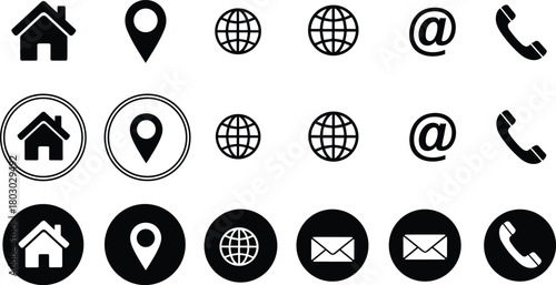 Contact icons set, home, location, globe, email, phone, envelope, black white symbols, circular styles, interface design, navigation elements