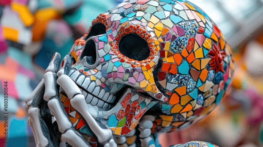 Obraz premium A vibrant mosaic skull with a multitude of colorful tiles stands out in an artistic setting, blending creativity with themes of life, death, and cultural celebration of the Day of the Dead.