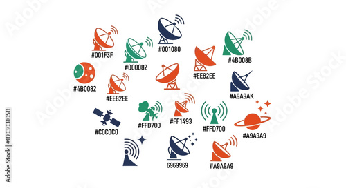 Colorful satellite communication elements set with hex color codes for graphic design projects
