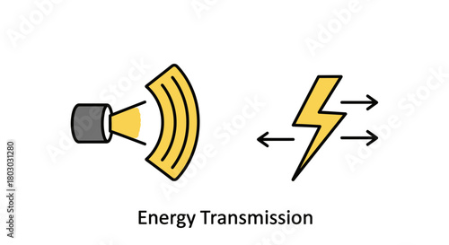 Conceptual illustration of energy transmission with sound waves and electricity symbols