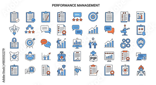 Comprehensive performance management icon set showcasing evaluation, progress, and goals achievement