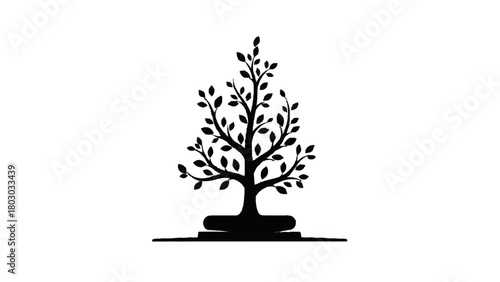 Vector illustration of silhouette of a stylized tree with leaves, isolated on transparent background 