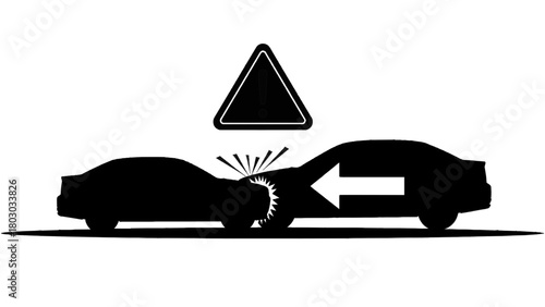 Vector illustration of black silhouette of a car accident with warning sign isolated on transparent background 