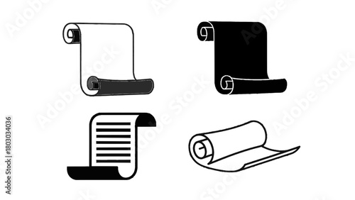 Vector illustration of collection of scroll icons representing documents and historical records on a transparent background