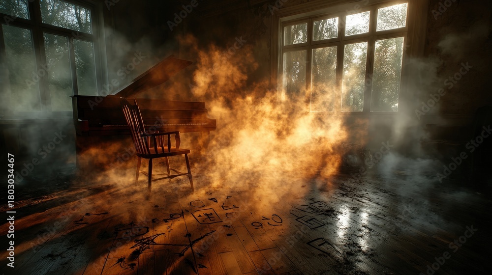 Fototapeta premium An abandoned room filled with fog and soft light creates an eerie atmosphere, highlighting an empty chair that evokes feelings of nostalgia and loss amidst an unsettling stillness.