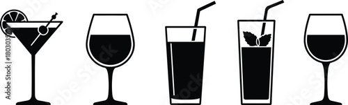 Drink icon set, cocktail and wine glass symbols, beverage silhouette collection, bar menu graphics, black vector drink illustrations
