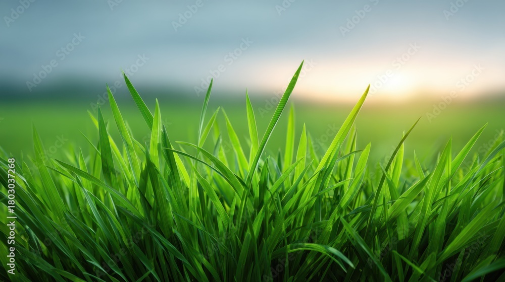 Fototapeta premium Lush Green Grass Growing in a Beautiful Landscape Under Soft Morning Light with a Dreamy Sky in the Background
