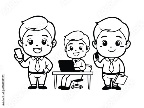 Cute Male Office Worker Character Set (Line Art)