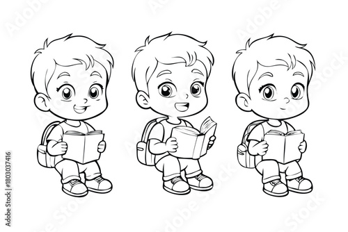 Cute Schoolboy Reading Book Character Set (Sitting Poses)