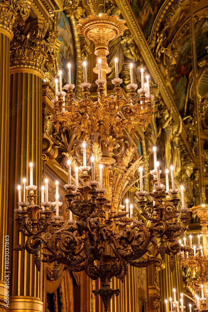 Obraz premium Ceiling lamps and architectural elements eclectic Beaux-Arts style of Second Empire in France, elements of neo-baroque, classicism and Roman architecture, golden stucco, rich decoration