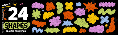 Crayon blob shapes doodle set. Abstract cloud forms and organic groovy figures in sketch style, grunge chalk texture. Hand drawn vector illustration isolated on black background