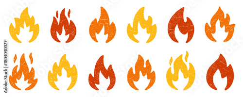 Crayon fire flame doodle set. Punk rock burning elements in sketch style, grunge chalk texture. Hand drawn vector illustration isolated on white background