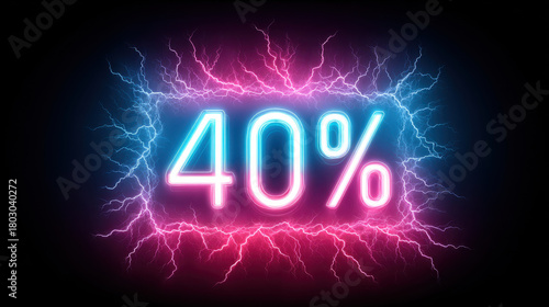 40 percent discount neon sign with electric lightning effect glowing in vibrant pink and blue colors on black background