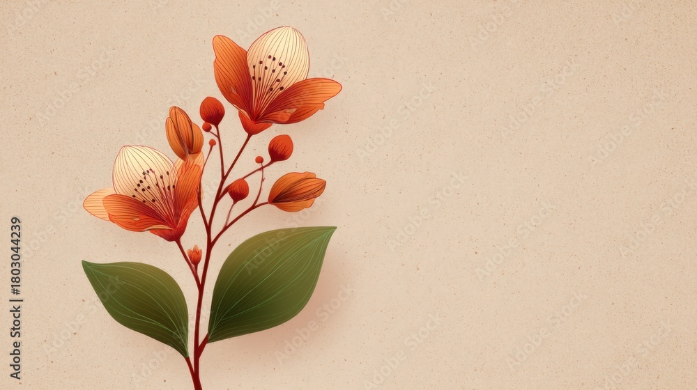 Fototapeta premium Elegant floral design with delicate orange flowers and green leaves on a textured beige background for creative projects and inspirational artwork