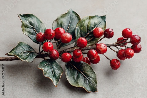 Flat holly branch with vibrant red berries on a textured surface for festive decoration