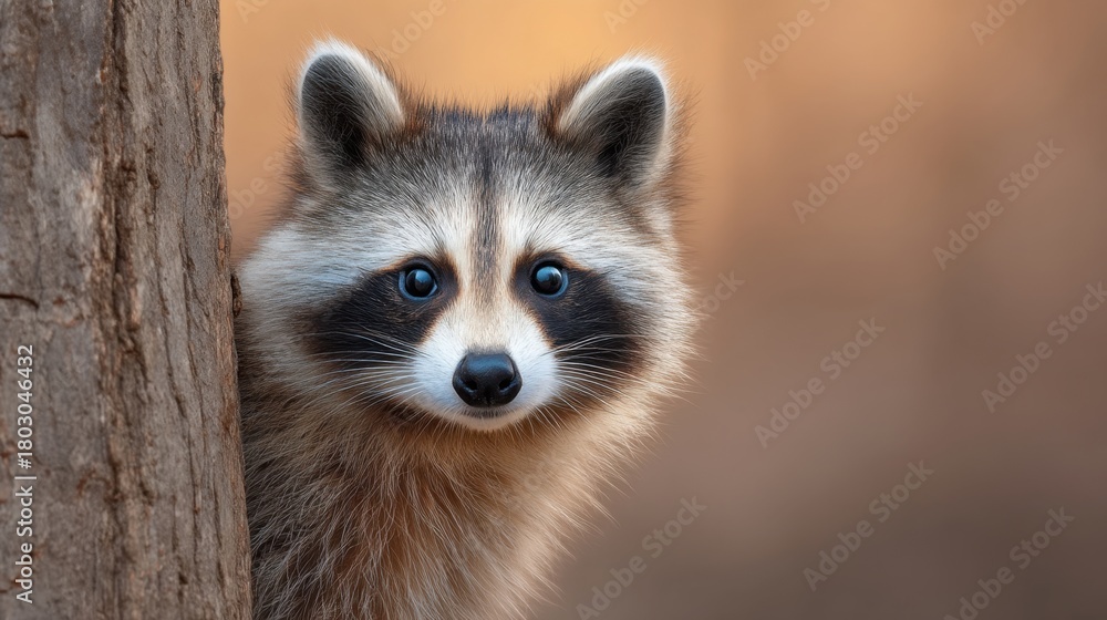 Obraz premium Curious raccoon peeking from behind a tree trunk in soft focus background with warm lighting and a serene woodland atmosphere