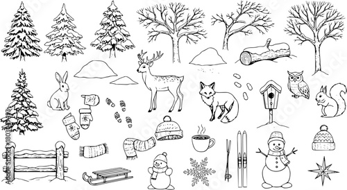 Hand-drawn winter elements collection with animals, trees, season objects, and nature doodles